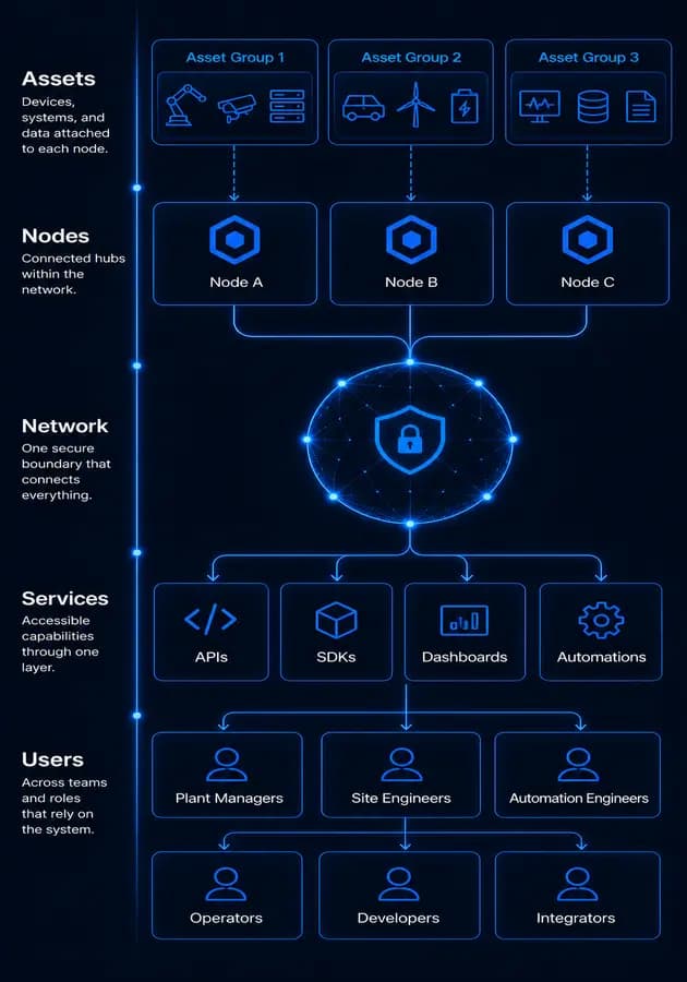 Nexus platform overview showing assets, nodes, network, services, and users